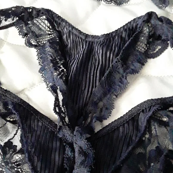 90s La Perla Bustier & Thong, Pleated (Plisse), Dark Navy, Sz 32 & 2 ITALY - Picture 12 of 16